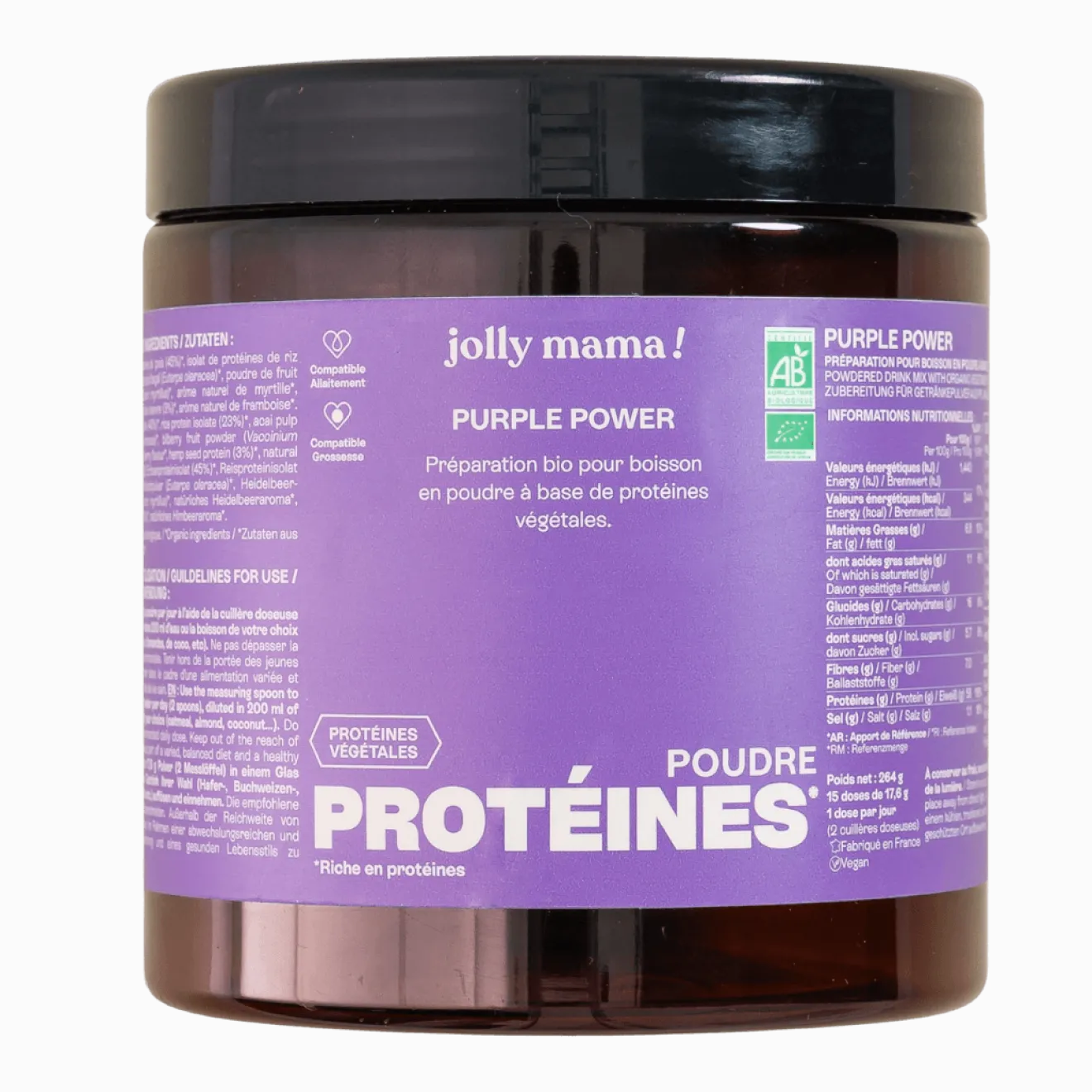 Poudre protéinée femme enceinte allaitante açai (58g protéine/100g) Bio